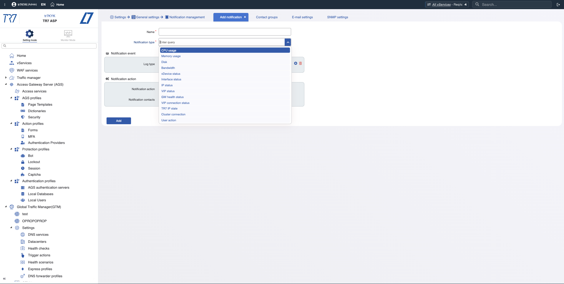 TR7 Notification Types - alert configuration