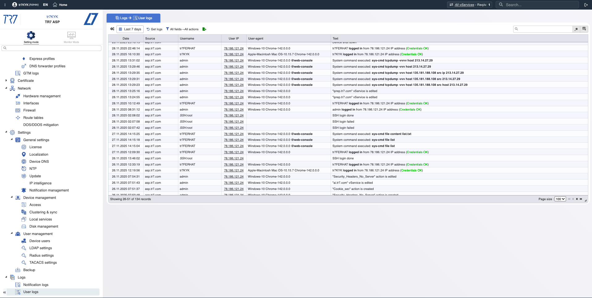 TR7 User Logs - audit trail