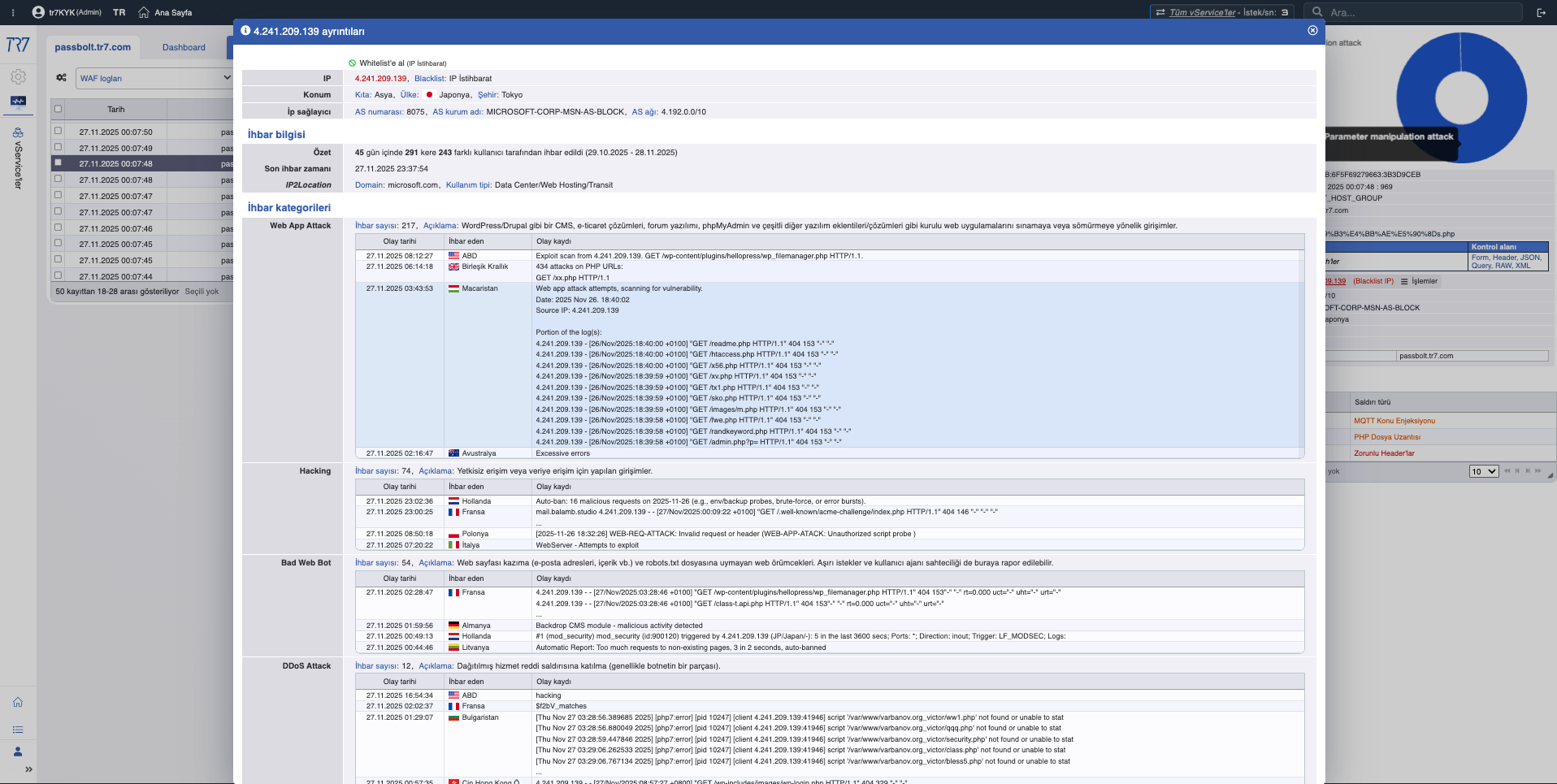 TR7 IP Intelligence - IP itibar skorları ve tehdit kategorileri