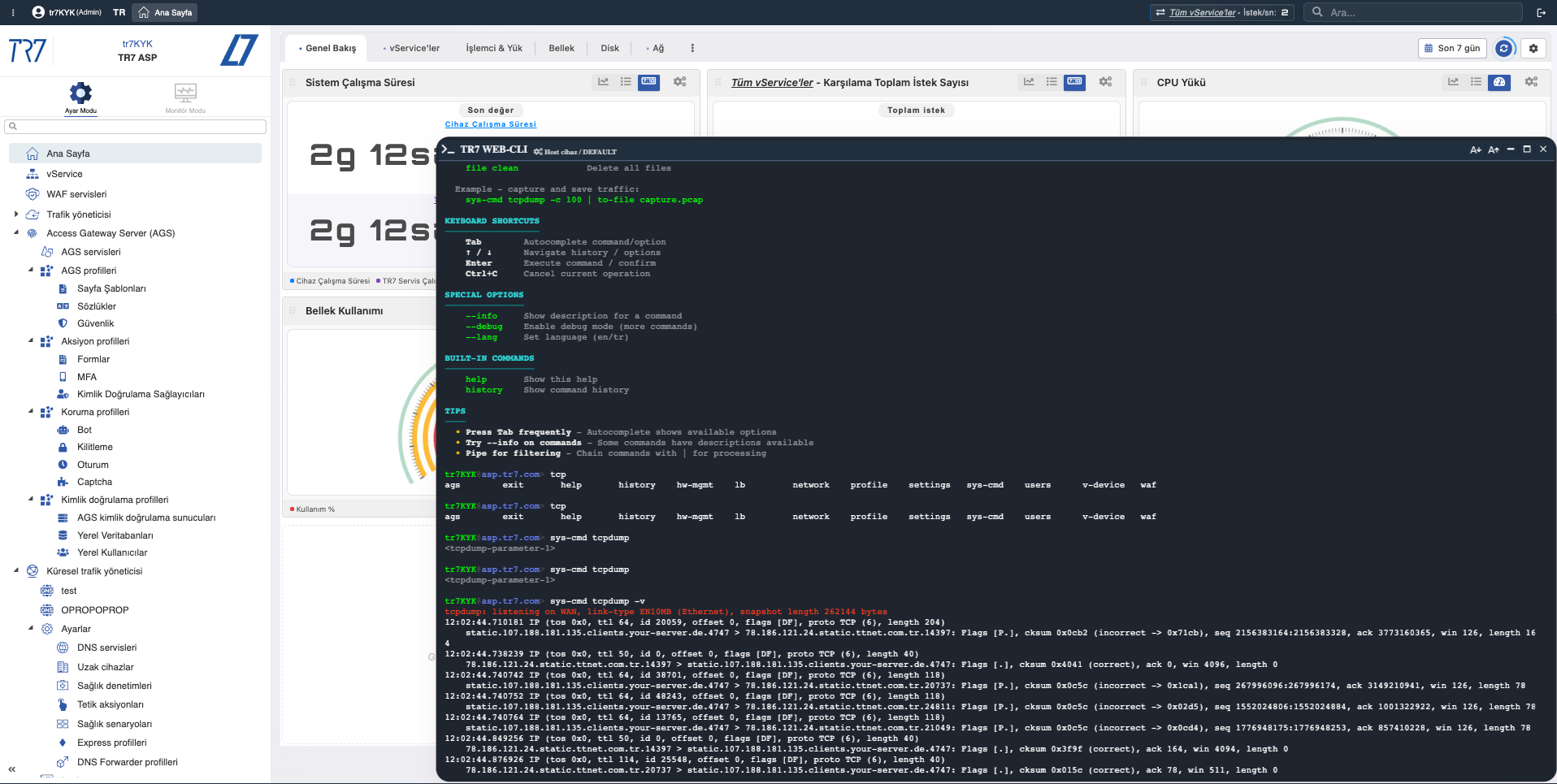 TR7 Web Console - komut çıktısı örneği